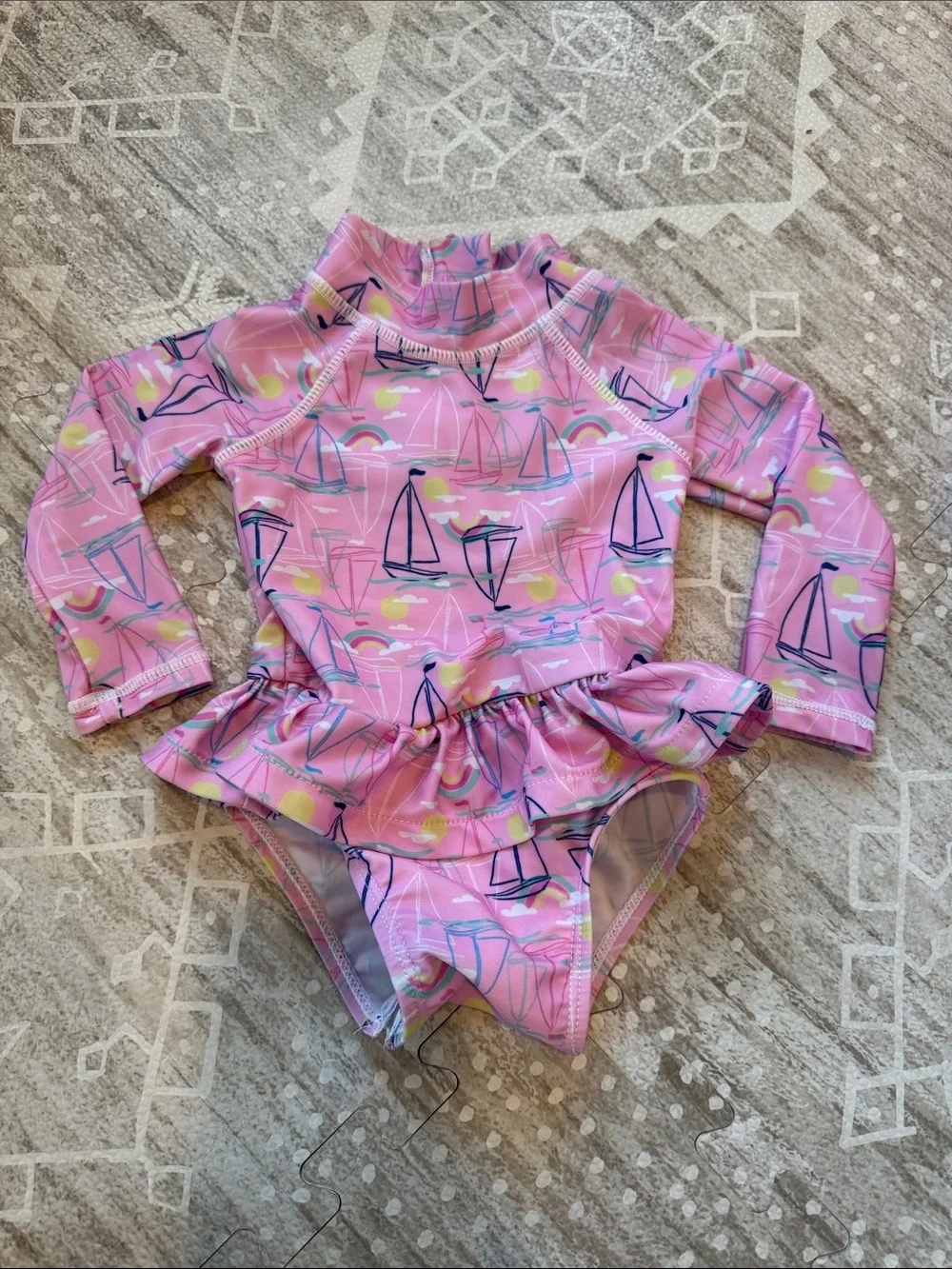 Flap Happy Pink Sailboat Ruffle Long-Sleeve One-Piece Swim